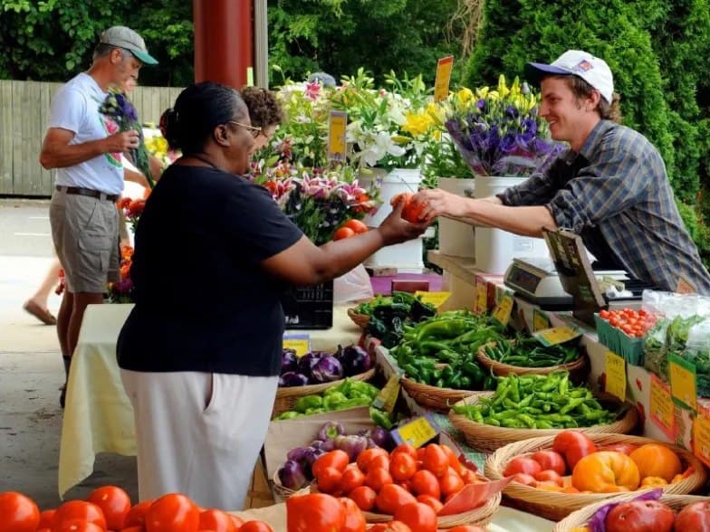 Fresh farm produce at local farmers market Local farmers market with fresh vegetables and flowers for sale.