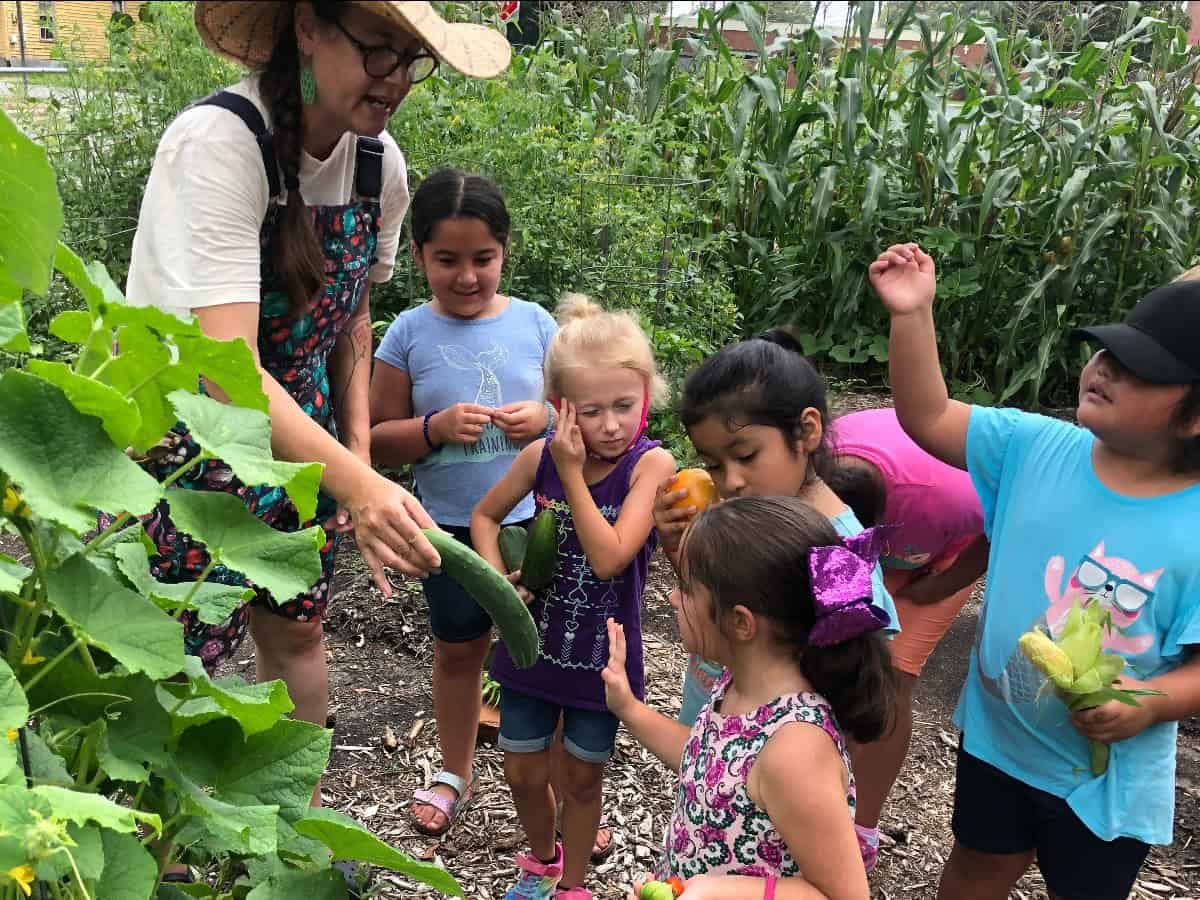 Children learning about vegetables and farming in a garden setting.